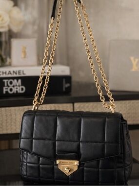 Michael Kors Black Quilted Leather Shoulder Bag with Gold Chain